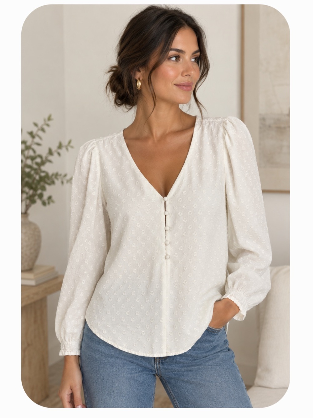 LOFT Cream Textured V Neck Button Blouse